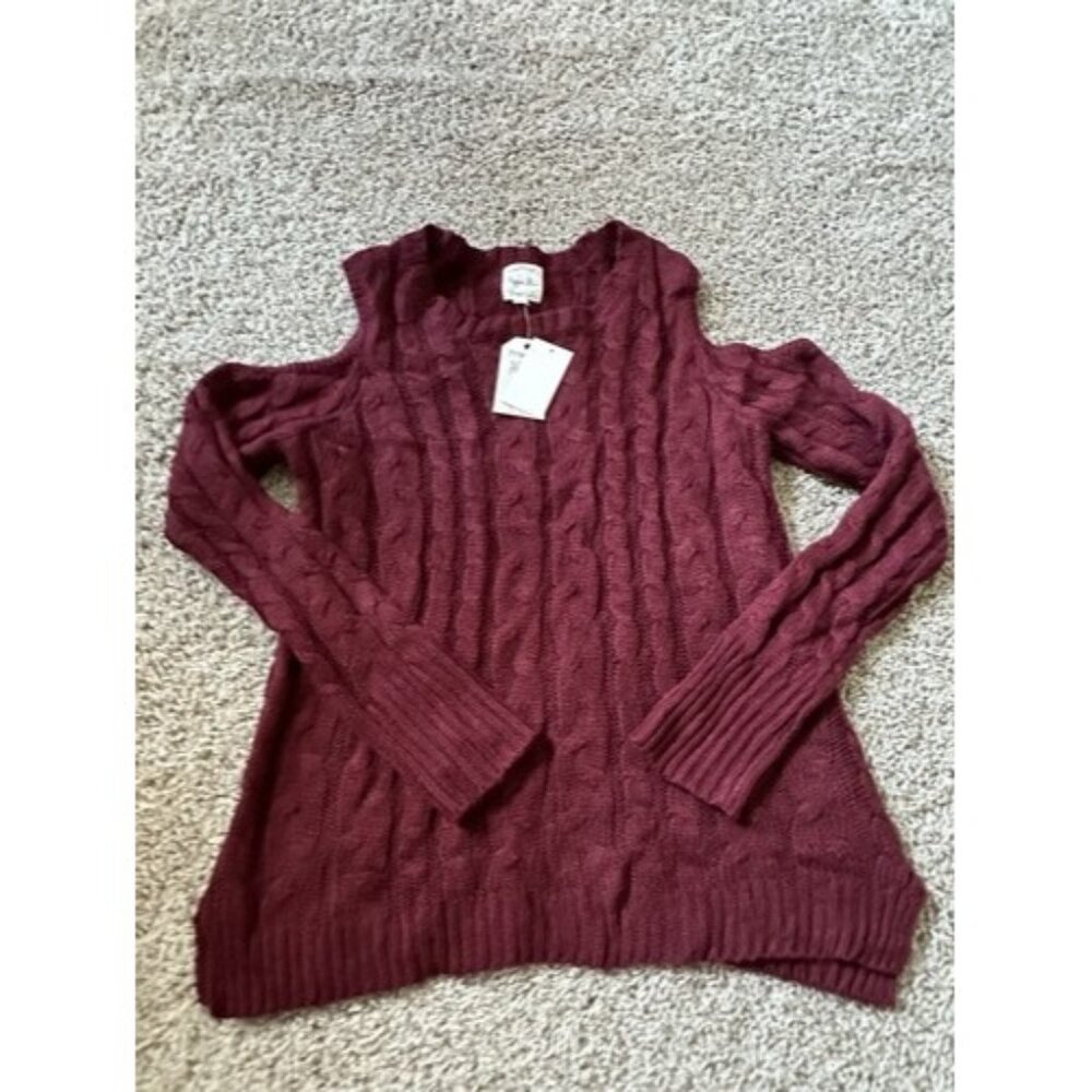 Hippie Rose Womens Cold Shoulder Burgundy Pull Over Knit Sweater Size Medium